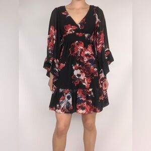 NWT Y2k Betsey Johnson Bell Sleeve V Neck Floral Mini Dress Size 2 Black‎ Pink